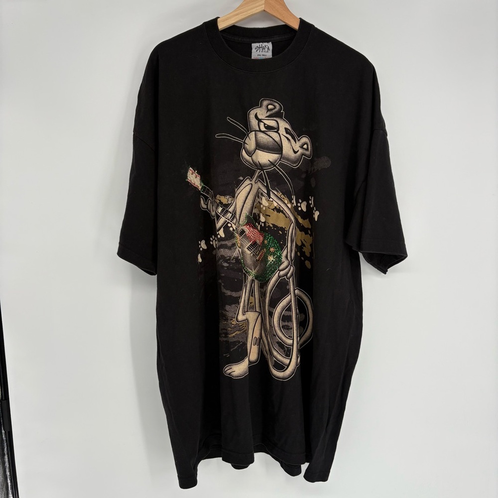 Pink Panther Vintage 90s Graphic Tee Guitar Rhinestone Shaka Wear Black Shirt